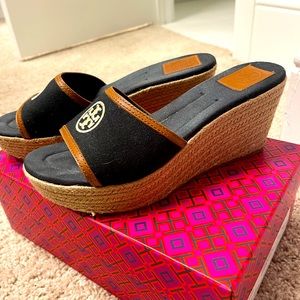 Tory Burch Black and Tan Wedge Sandals, Size 8